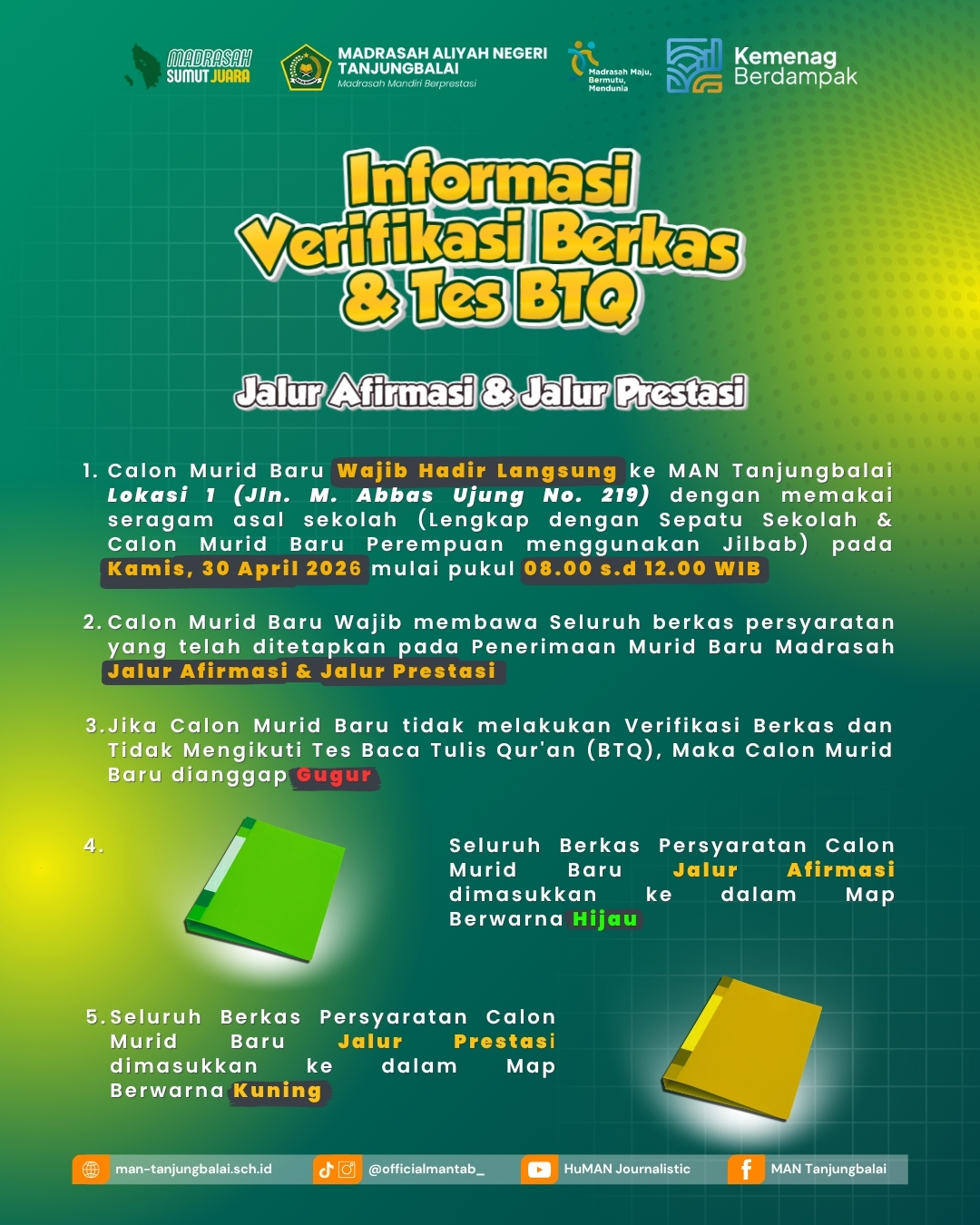 Informasi Verifikasi Berkas & Tes BTQ - Jalur Afirmasi & Jalur Prestasi